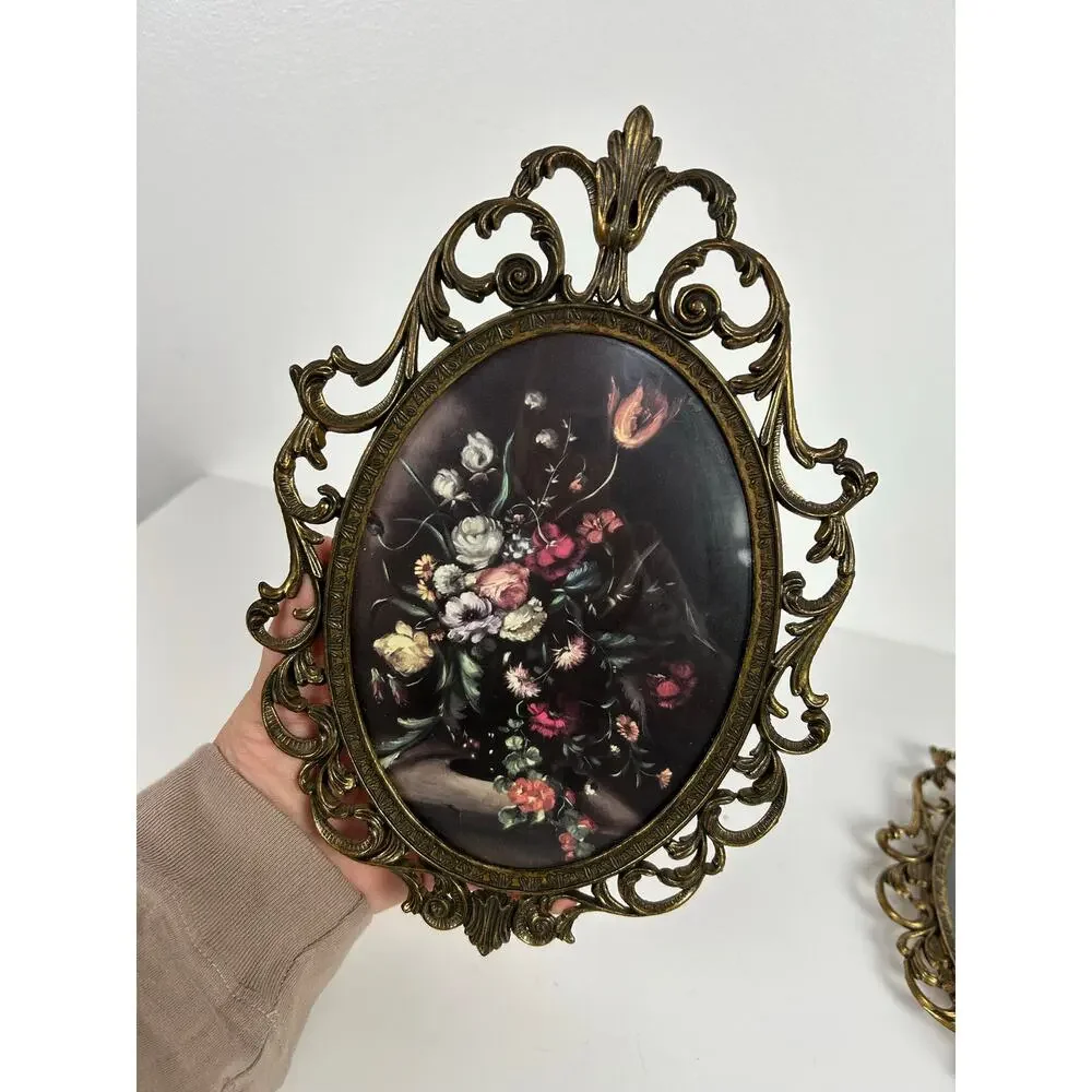 Vintage Ornate Brass Oval Frame Floral Art Made in Italy Set of 2 Convex Glass
